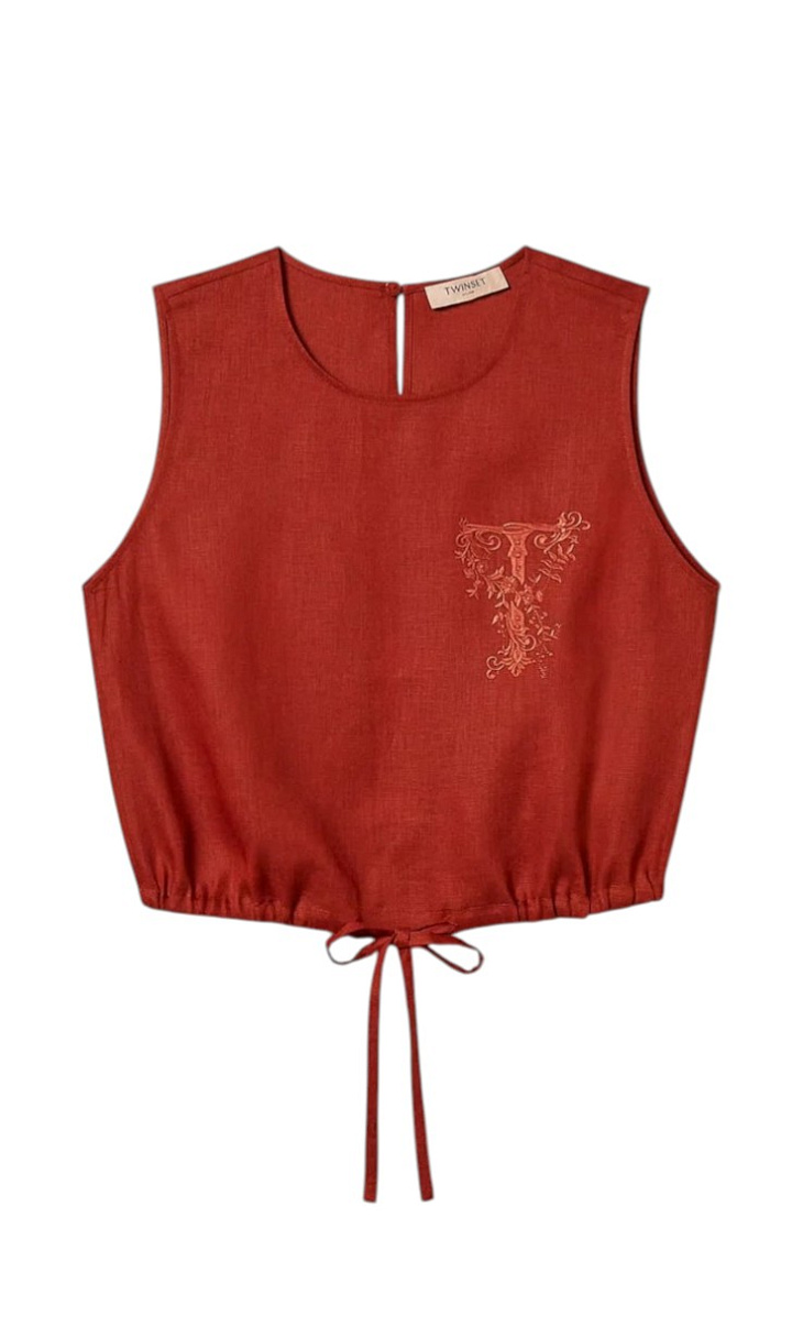 TWINSET: Льняной топ с вышивкой