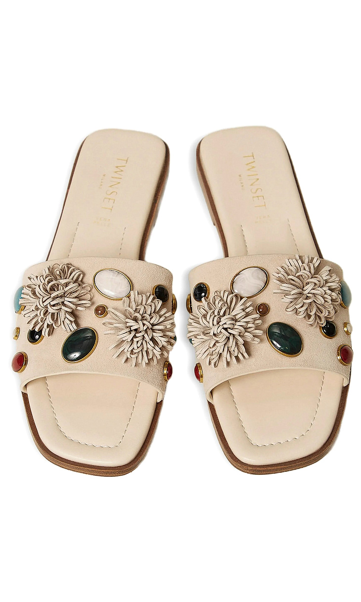 TWINSET: Замшевые шлепанцы с декоративными камнями