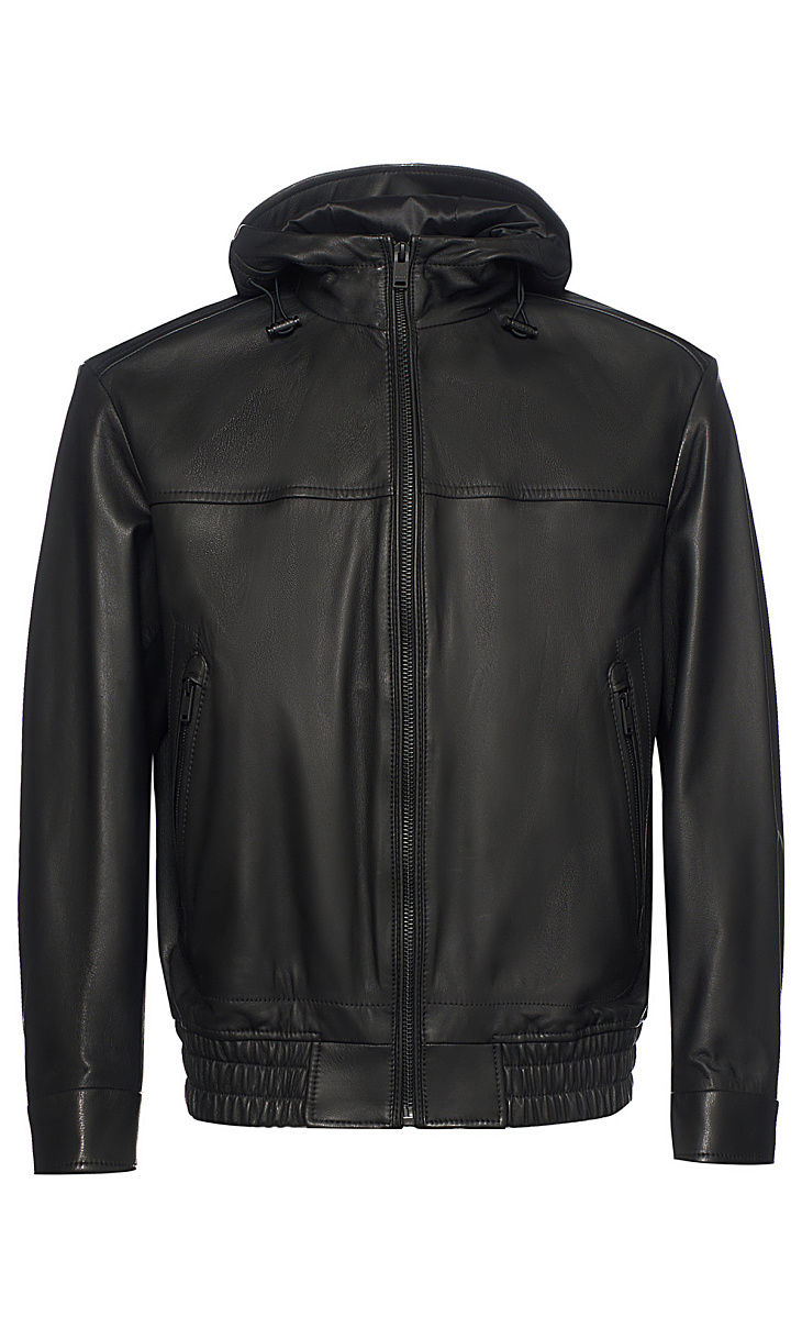 HUGO BOSS: Кожаная куртка с капюшоном
