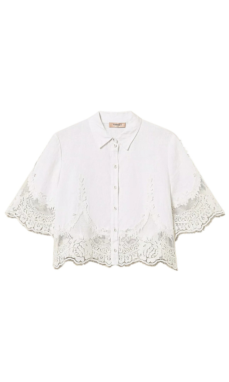 TWINSET: Льняная рубашка с кружевом