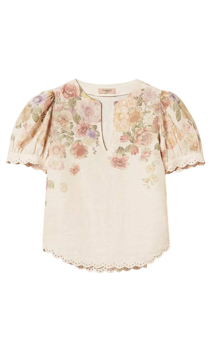 TWINSET: Льняная блуза с принтом и вышивкой